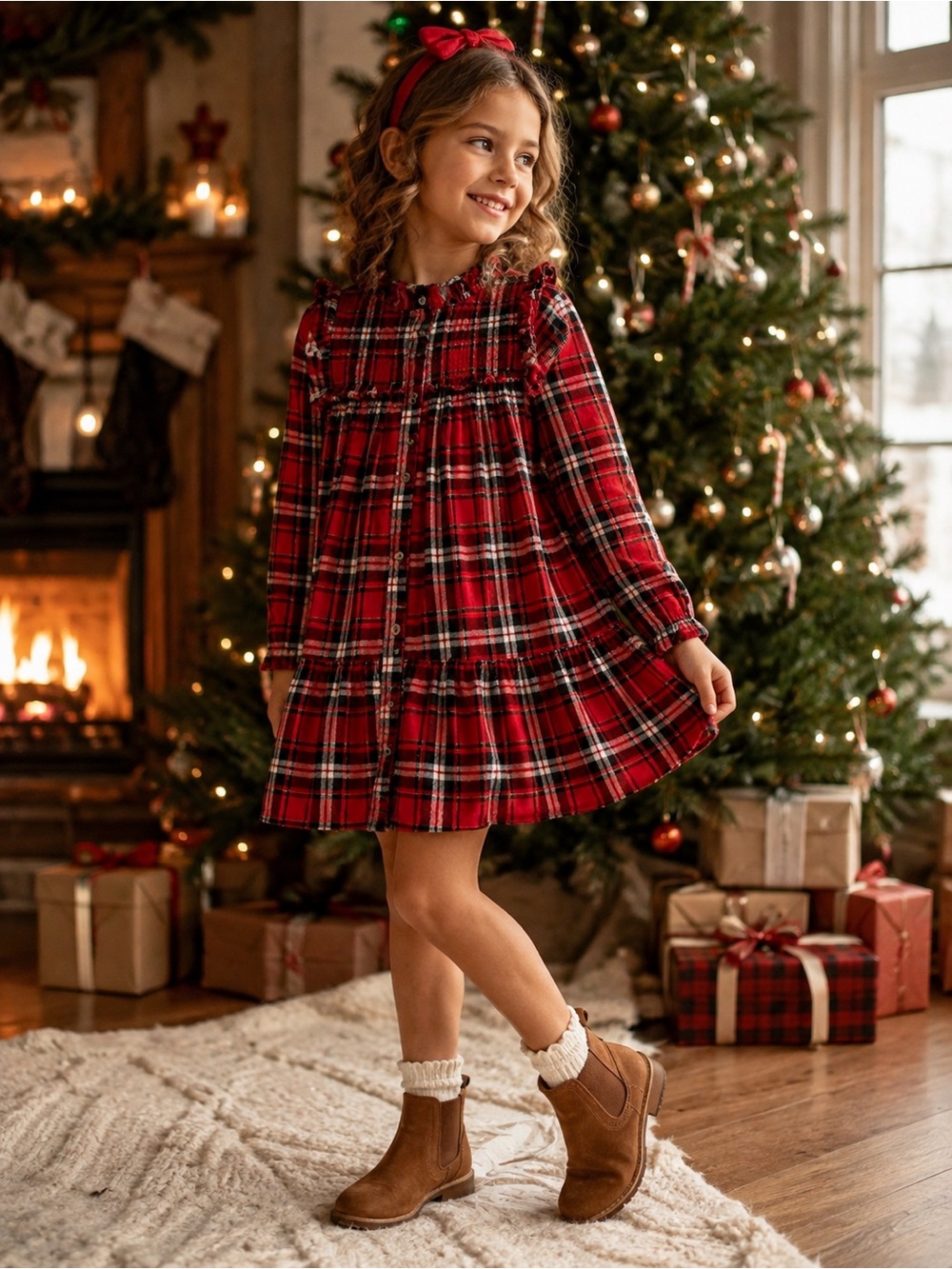 Cat & Jack Girls Plaid Smocked Dress Red Holiday Long Sleeve Size 7/8